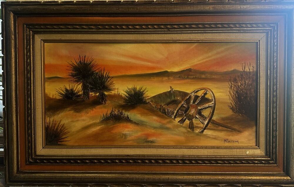 Vintage ORIGINAL American Southwest Desert Sunset Wagon Wheel Margie Sietsema